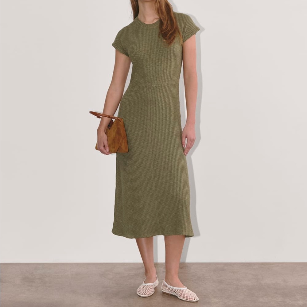 Rib knit cap sleeve midi dress